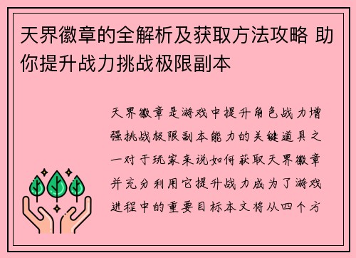天界徽章的全解析及获取方法攻略 助你提升战力挑战极限副本